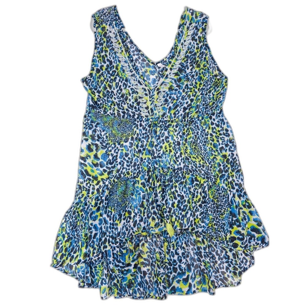 Blue Green Black Cheetah Print Sheer Trapeze Dress 2X Summer Vacation Resort
